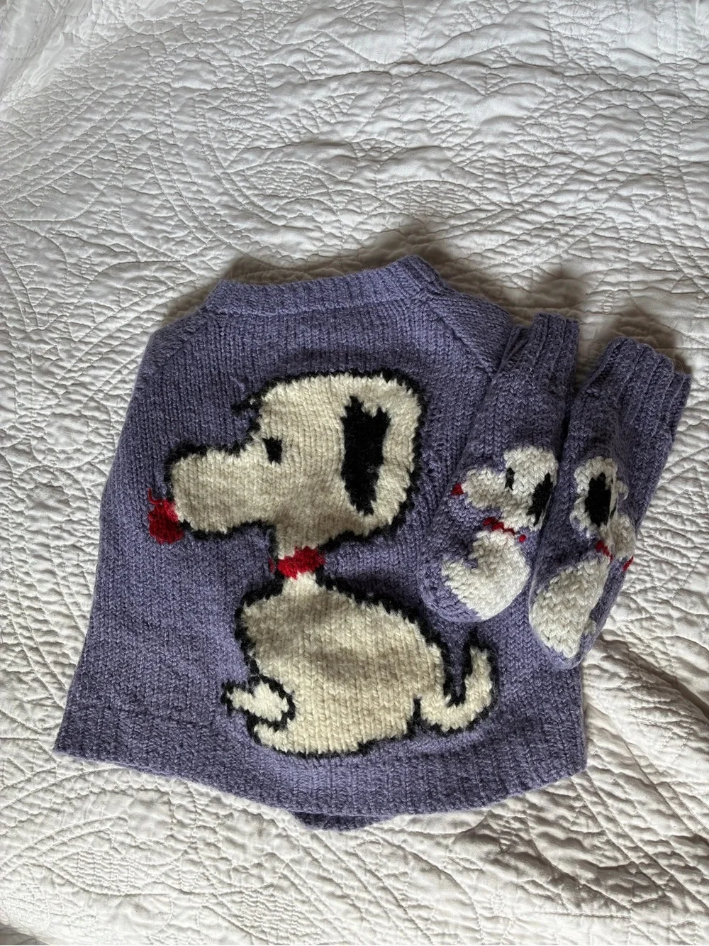 Kids Purple Snoopy Knit Matching Set - Sweater & Mittens